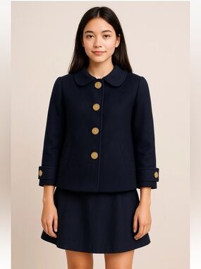 Vintage Lilly Pulitzer Navy Jacket Size 8 Gold Buttons Lined Logo Print Pockets